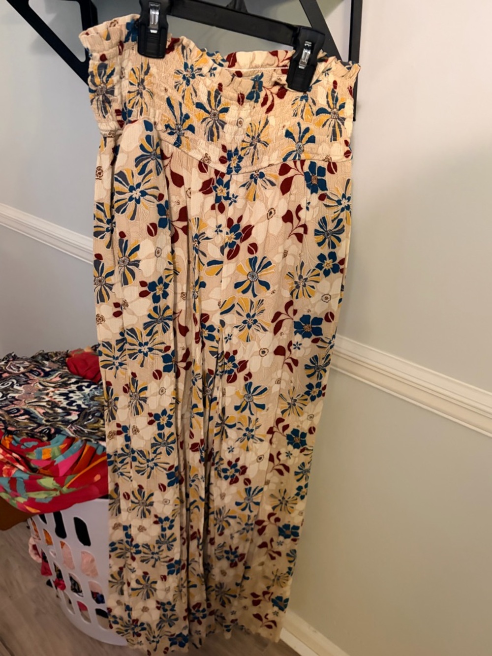 Wide Leg Floral Pants in Cream with Blue & Burgundy